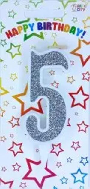 Свічка цифра "Біла зі сріблом"  5
