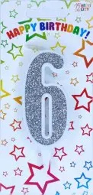Свічка цифра "Біла зі сріблом" 6