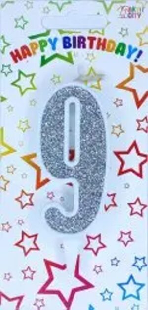 Свічка цифра "Біла зі сріблом"  9